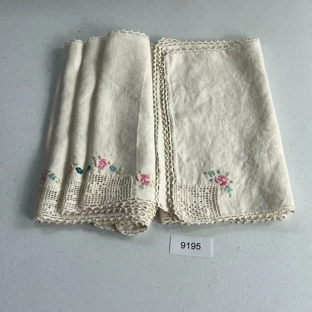 Vintage Ivory Napkins Set of 8 Embroidered Flowers Crochet Two sizes